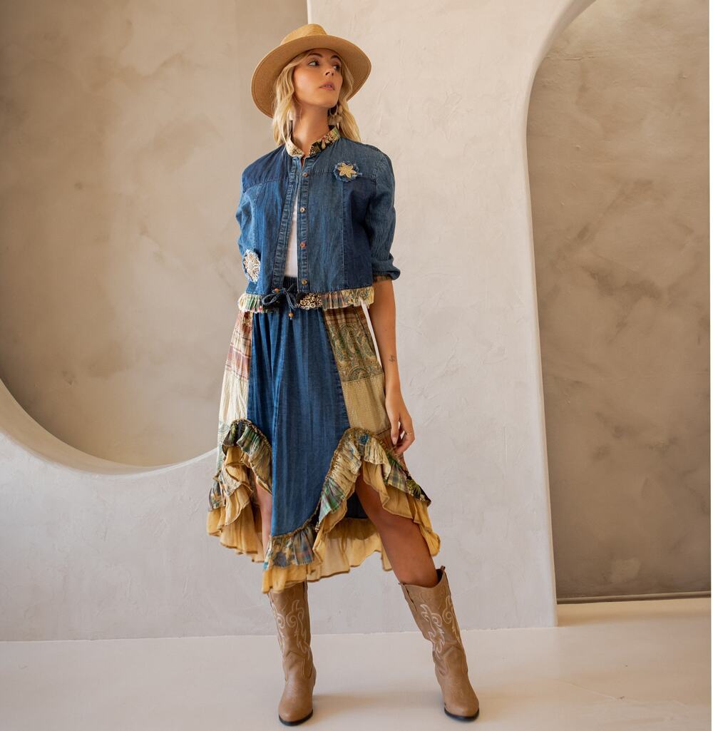 Young Threads Western Boho Chic: Patchwork Cropped Denim Jacket